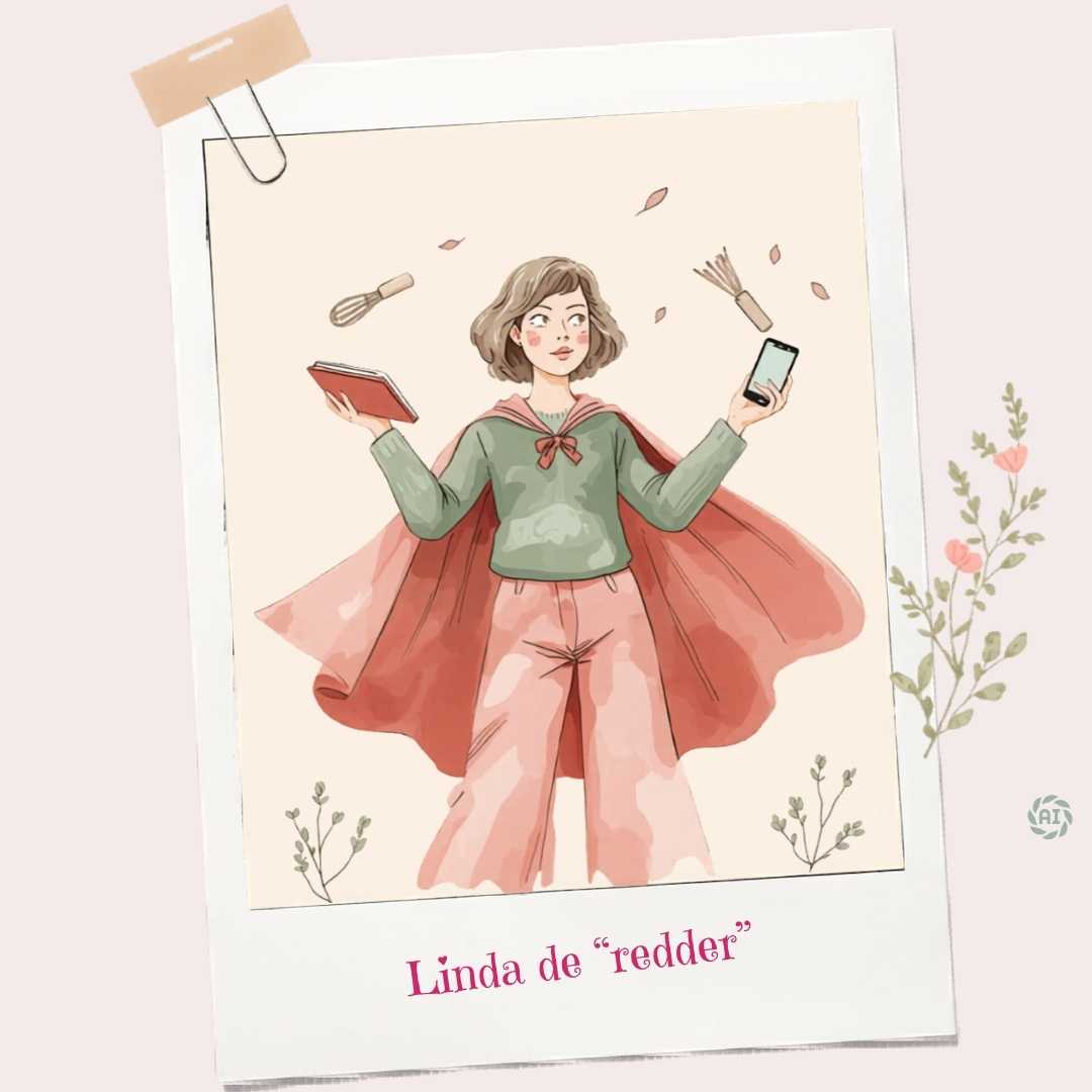Geïllustreerde vrouw met kort golvend donkerblond haar en groene trui, staand met een roze superheldencape om haar schouders, met een herkenbare blik. Illustratie bij de blog van Lima Wouw over terugvallen in de reddersrol.
