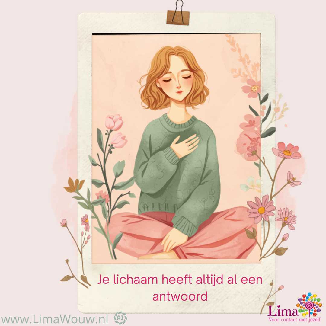 Wat je lichaam al weet als je hoofd nog twijfelt — Lima Wouw Geïllustreerde vrouw met golvend donkerblond haar en groene trui, zittend met gesloten ogen en één hand op haar hart, omringd door roze bloemen. Illustratie bij de blog over lichaamsbewustzijn van Lima Wouw.