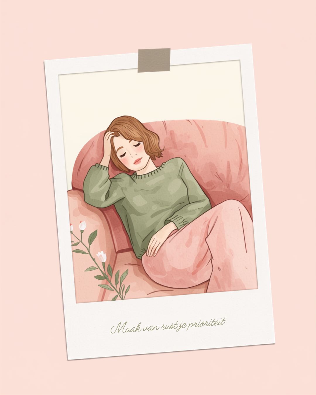 Als je lichaam je tot stilstand roept — Lima Wouw Geïllustreerde vrouw met golvend donkerblond haar en groene trui, liggend op een bank met gesloten ogen, omringd door botanische bloemen. Illustratie bij de blog van Lima Wouw over je lichaam dat je tot stilstand roept