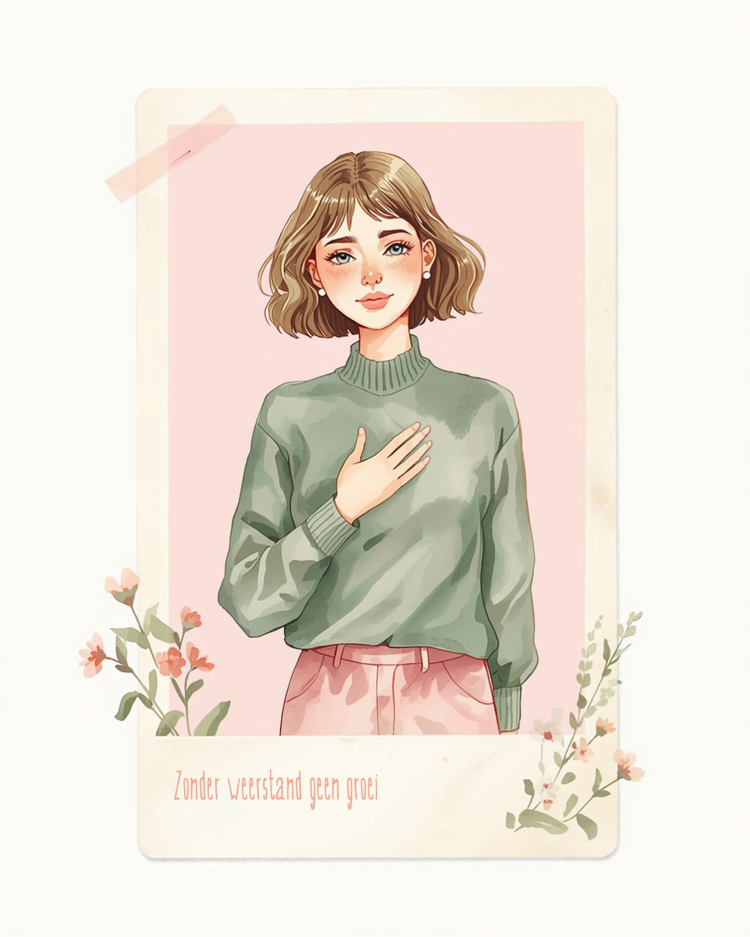 Geïllustreerde vrouw met golvend donkerblond haar en groene trui, staand met een warme glimlach en één hand op haar hart. Illustratie bij de blog van Lima Wouw over groei en weerstand in relaties.